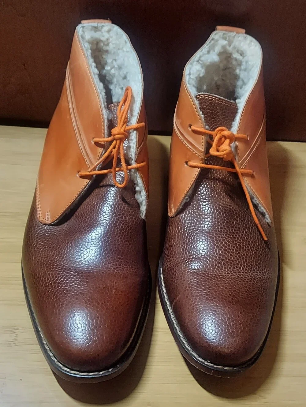 COLE HAAN ROADLOTS C10401 MEN'S BROWN & ORANGE LEATHER FAUX FUR BOOTS SIZE 8.5M